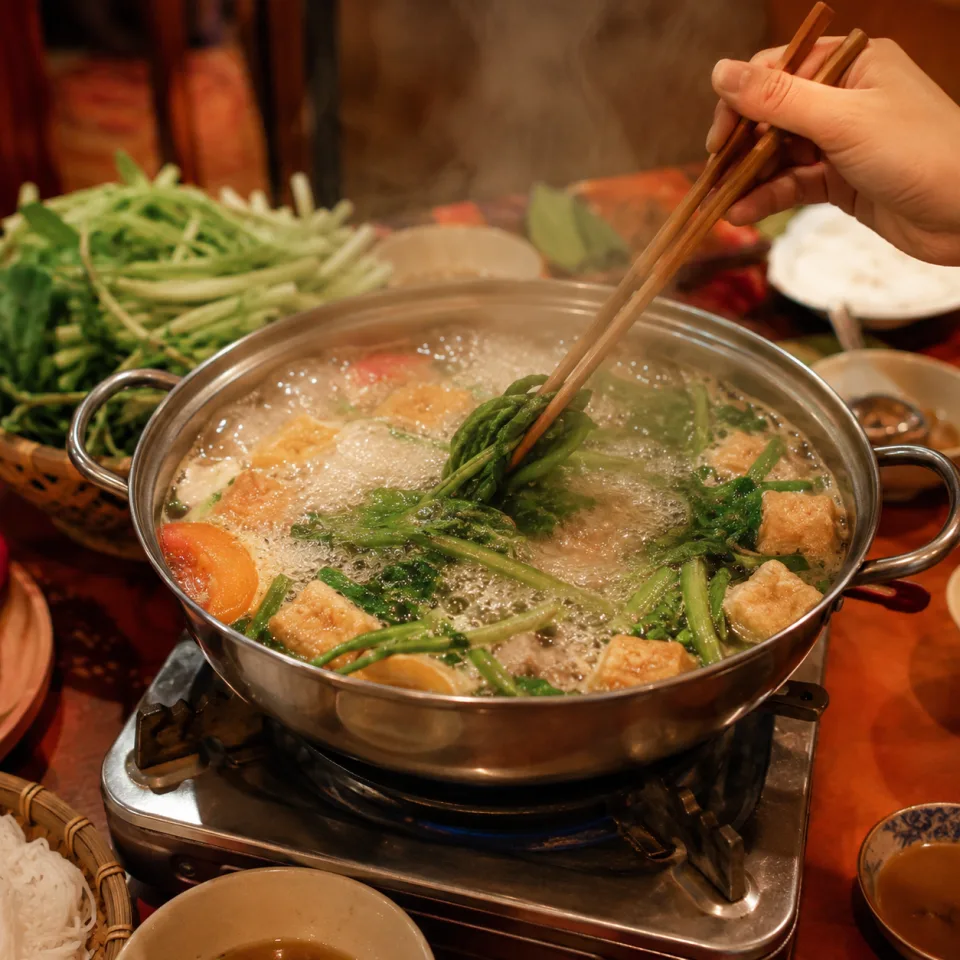 Tô bún nóng, nước dùng trong — lúc mới bưng ra